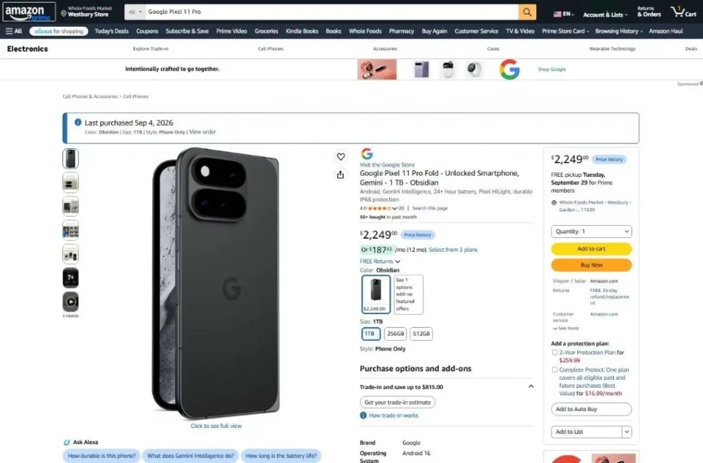ค้นหา Google Pixel 11 Pro บน Amazon USA