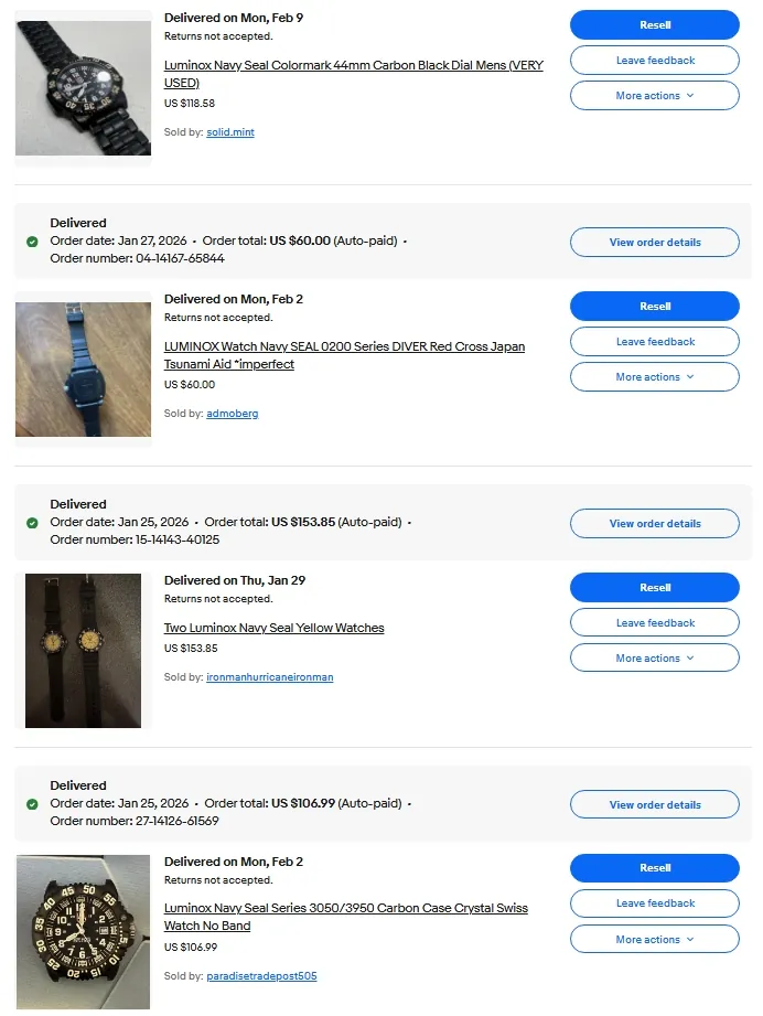 ตัวอย่างประวัติการสั่งซื้อนาฬิกาจาก eBay และสถานะ Delivered